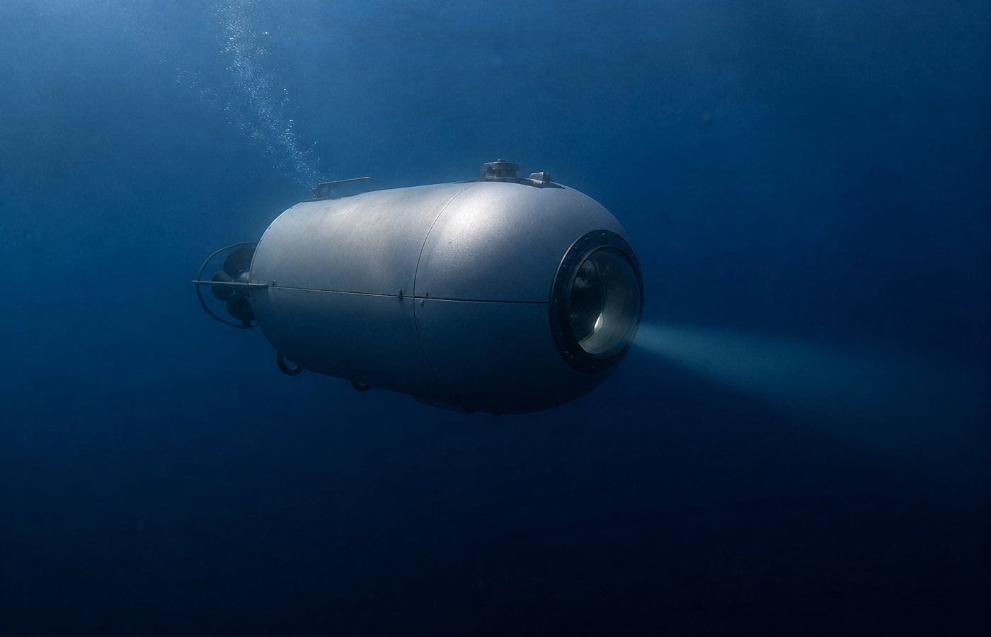 Pequeno submersível com janela circular a descer em água azul-escura