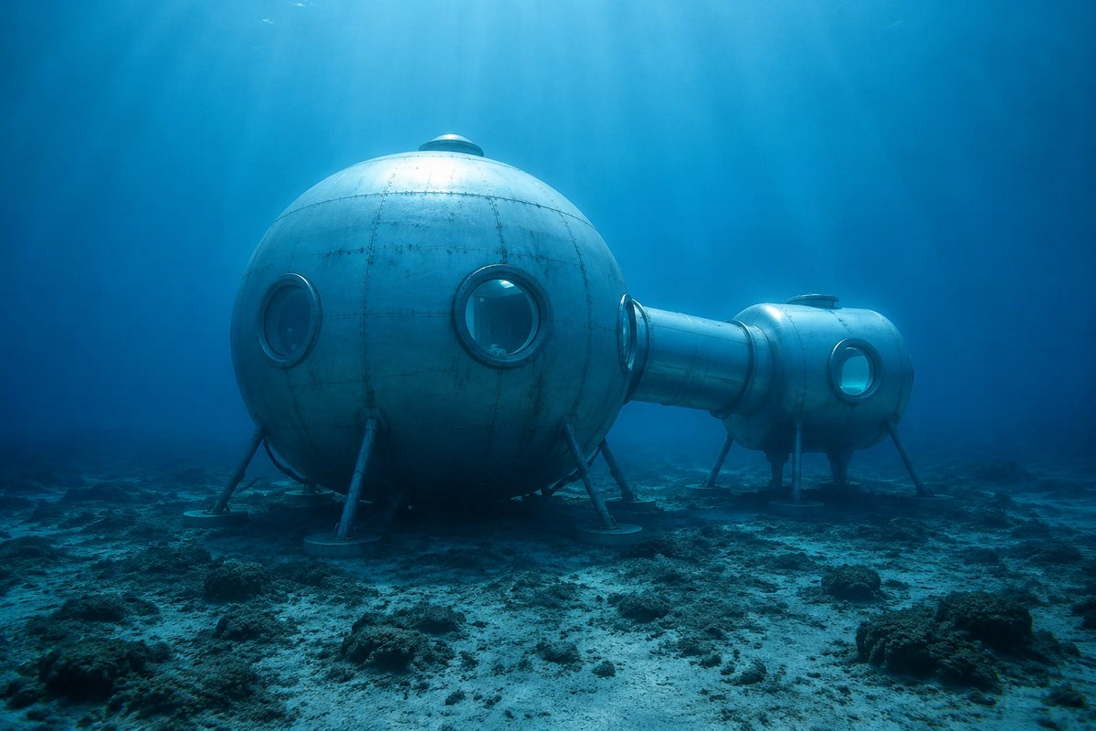 Módulo habitável submarino com janelas circulares no fundo do mar